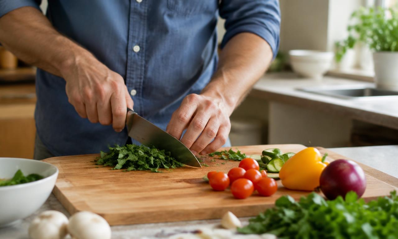 Mains coupant des légumes frais sur une planche en bois
