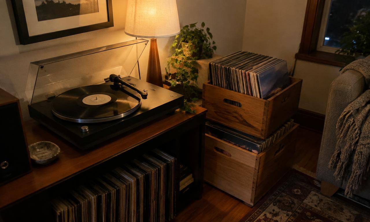 Platine vinyle et caisses de disques sous la lampe du soir