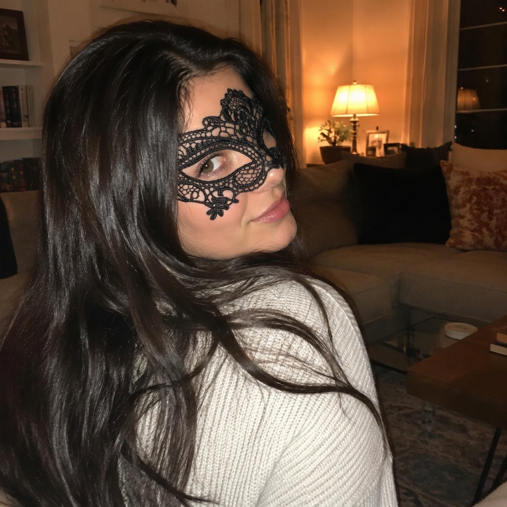 Femme aux longs cheveux bruns regardant par-dessus son épaule